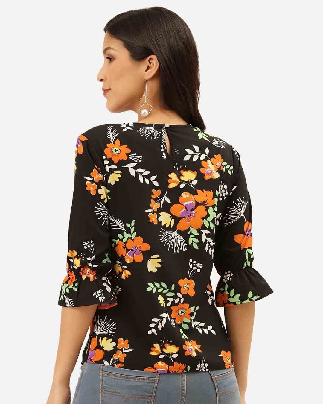 Shop Women's Black & Orange Floral Print Regular Top-Design