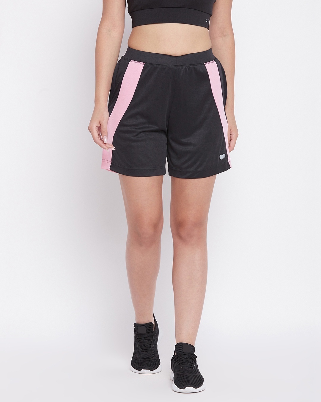 Shop Women's Black & Pink Color Block Slim Fit Shorts-Front