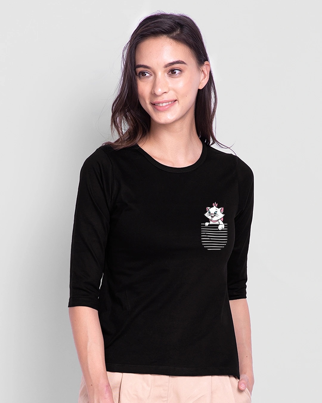 Shop Women's Black Pocket Cat Graphic Printed T-shirt-Front