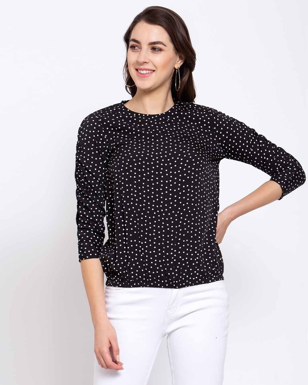 Shop Women's Black Polka Dots Three Quarter Sleeves Regular Top-Front