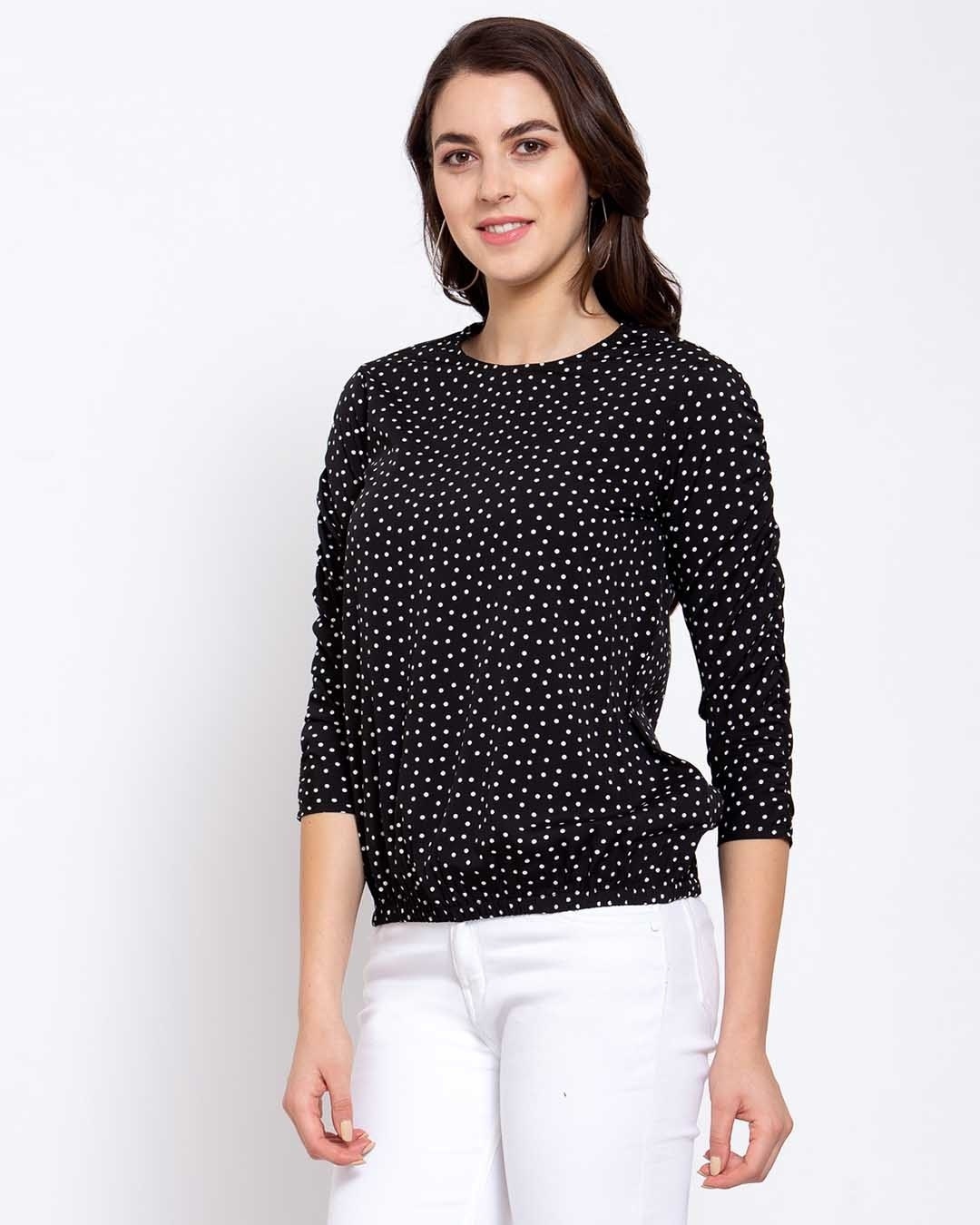 Shop Women's Black Polka Dots Three Quarter Sleeves Regular Top-Back