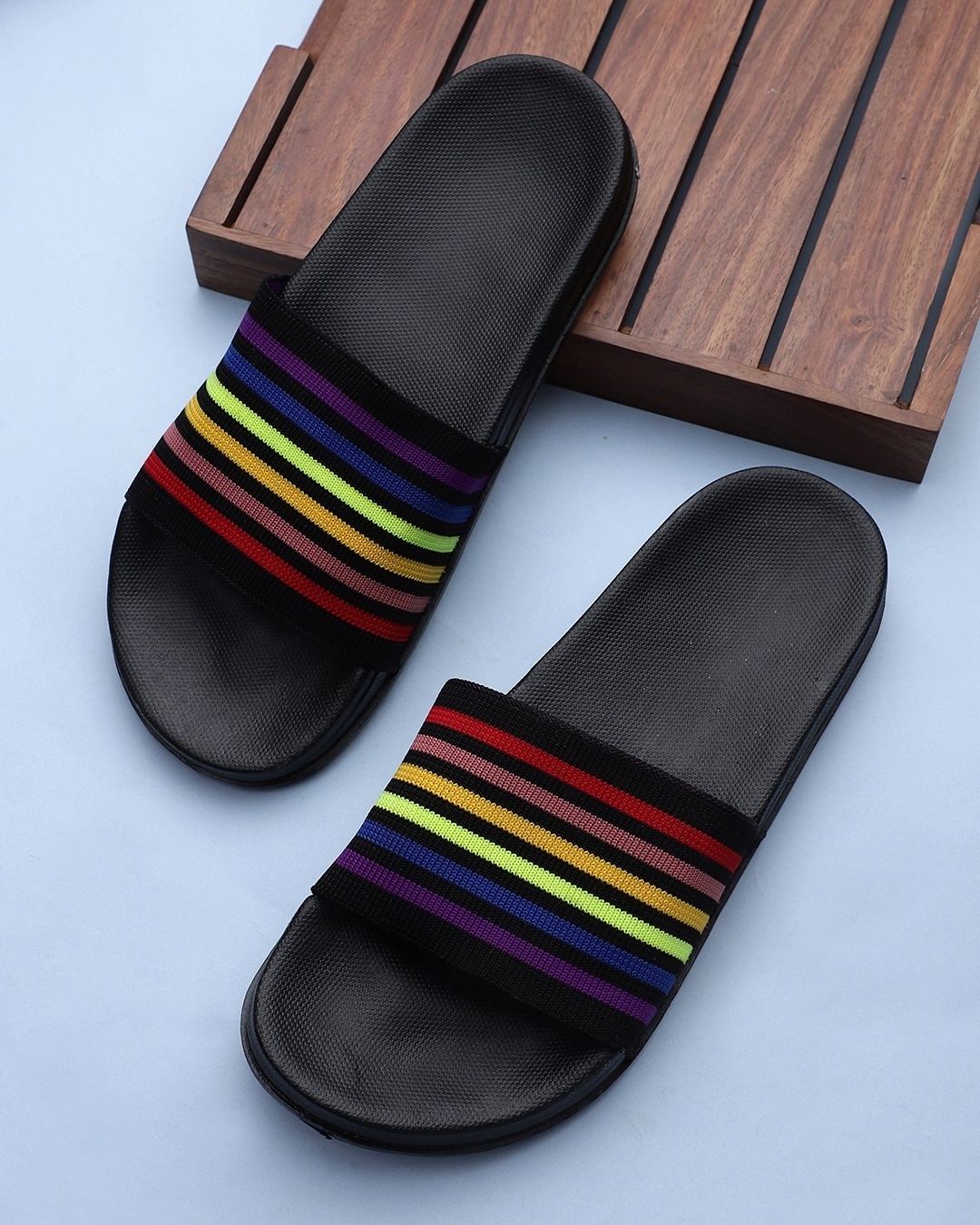 Shop Women's Black Rainbow Striped Sliders-Front