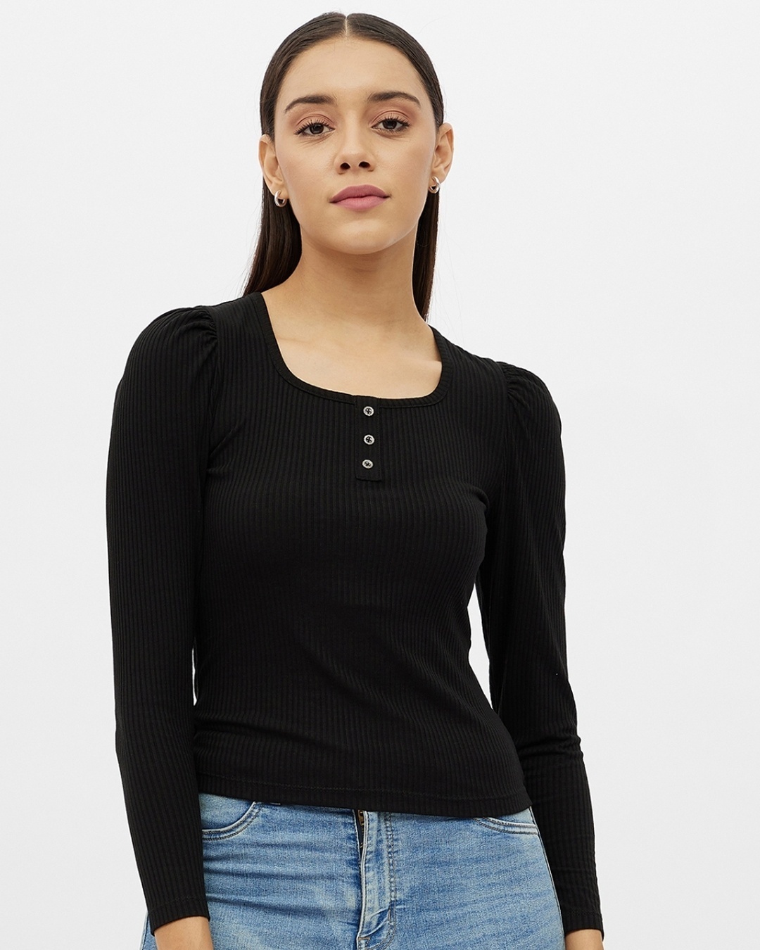 Shop Women's Black Rayon Round Neck Long Puff Sleeve Top-Front