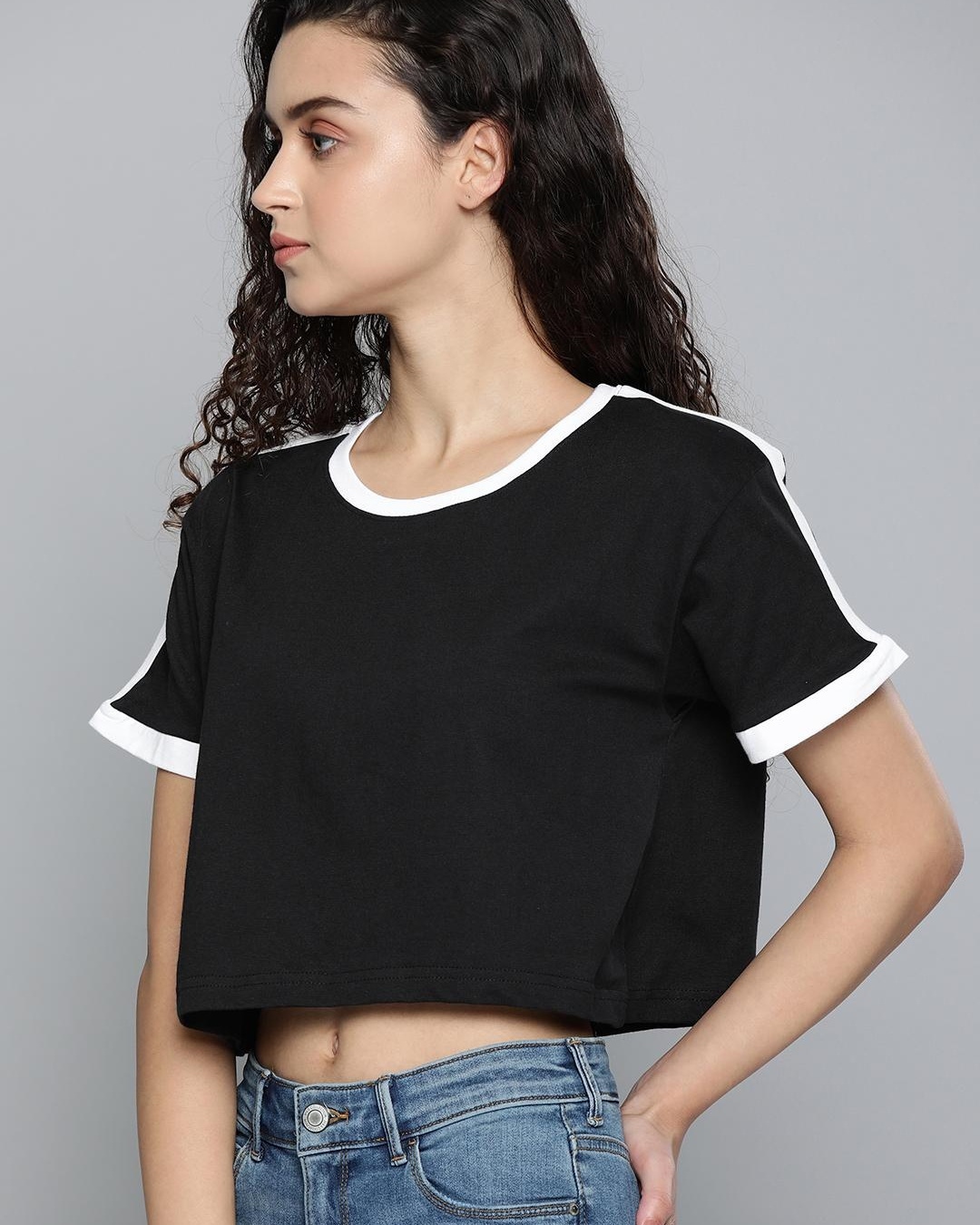 Buy Women's Black Relaxed Fit Crop Tshirt for Women Black Online at
