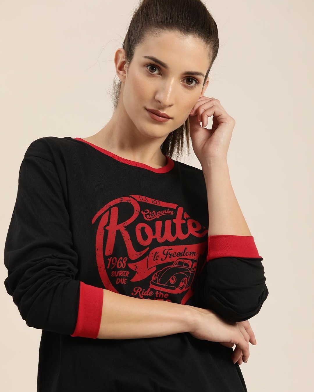 Shop Women's Black Route Typography Relaxed Fit T-shirt-Front