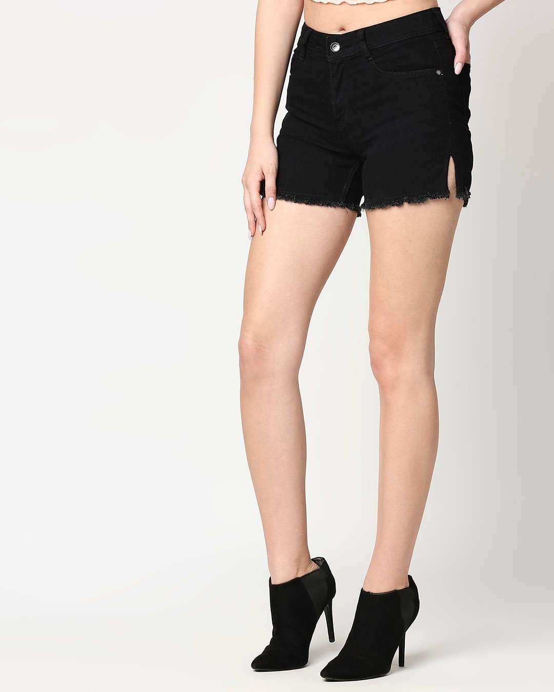 Shop Women's Black Solid Slim Fit Denim Shorts-Front