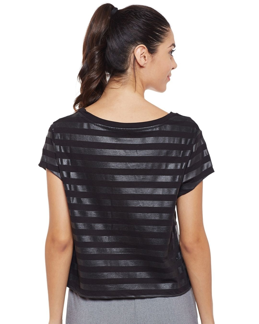 Shop Women's Black Striped Slim Fit T-shirt-Back