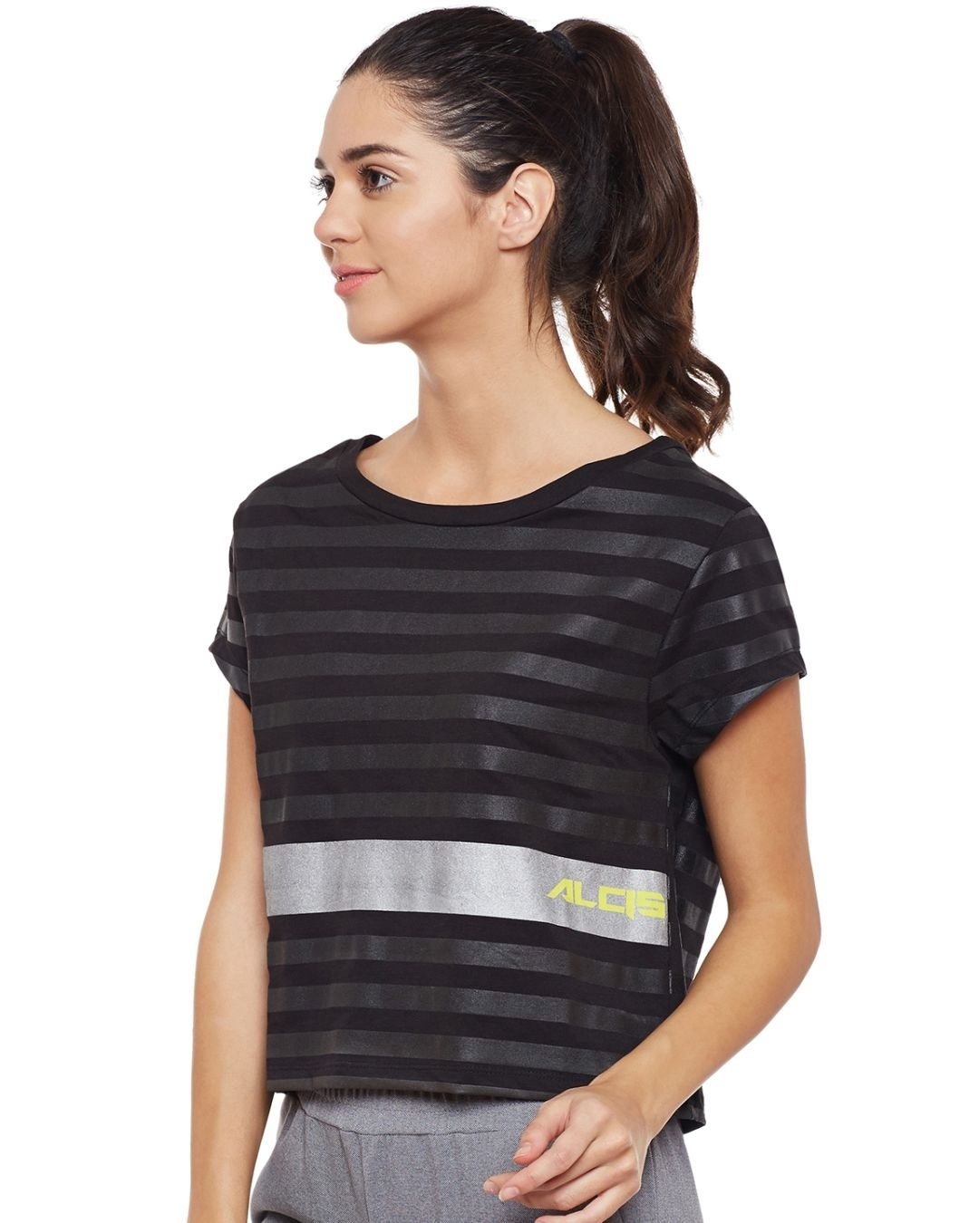 Shop Women's Black Striped Slim Fit T-shirt-Design
