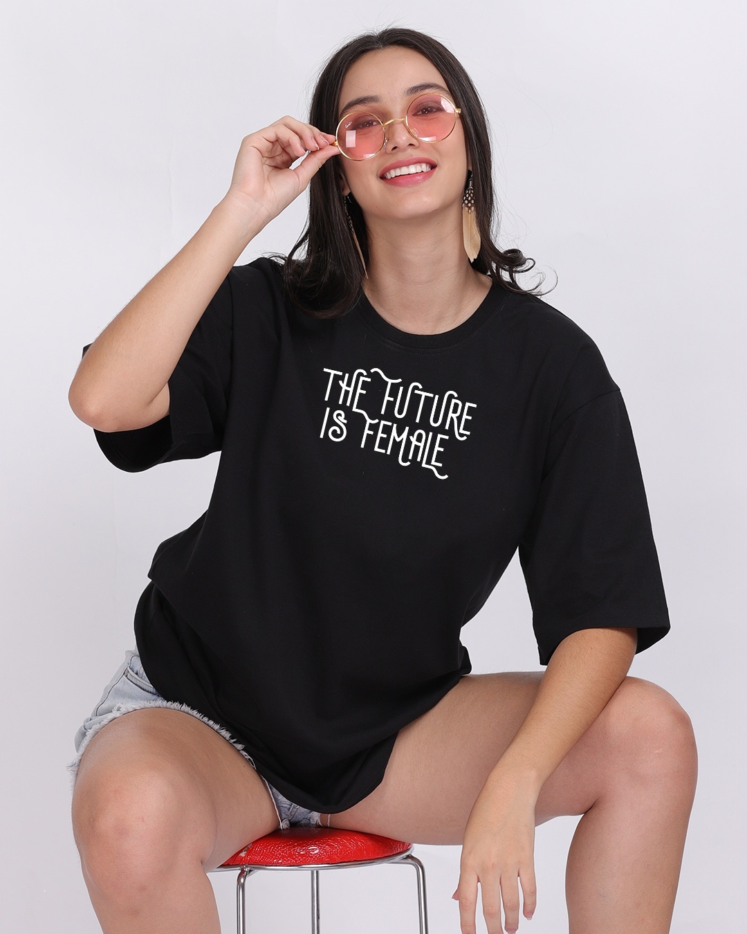 Shop Women's Black The Future Is Female Typography Oversized T-shirt-Back