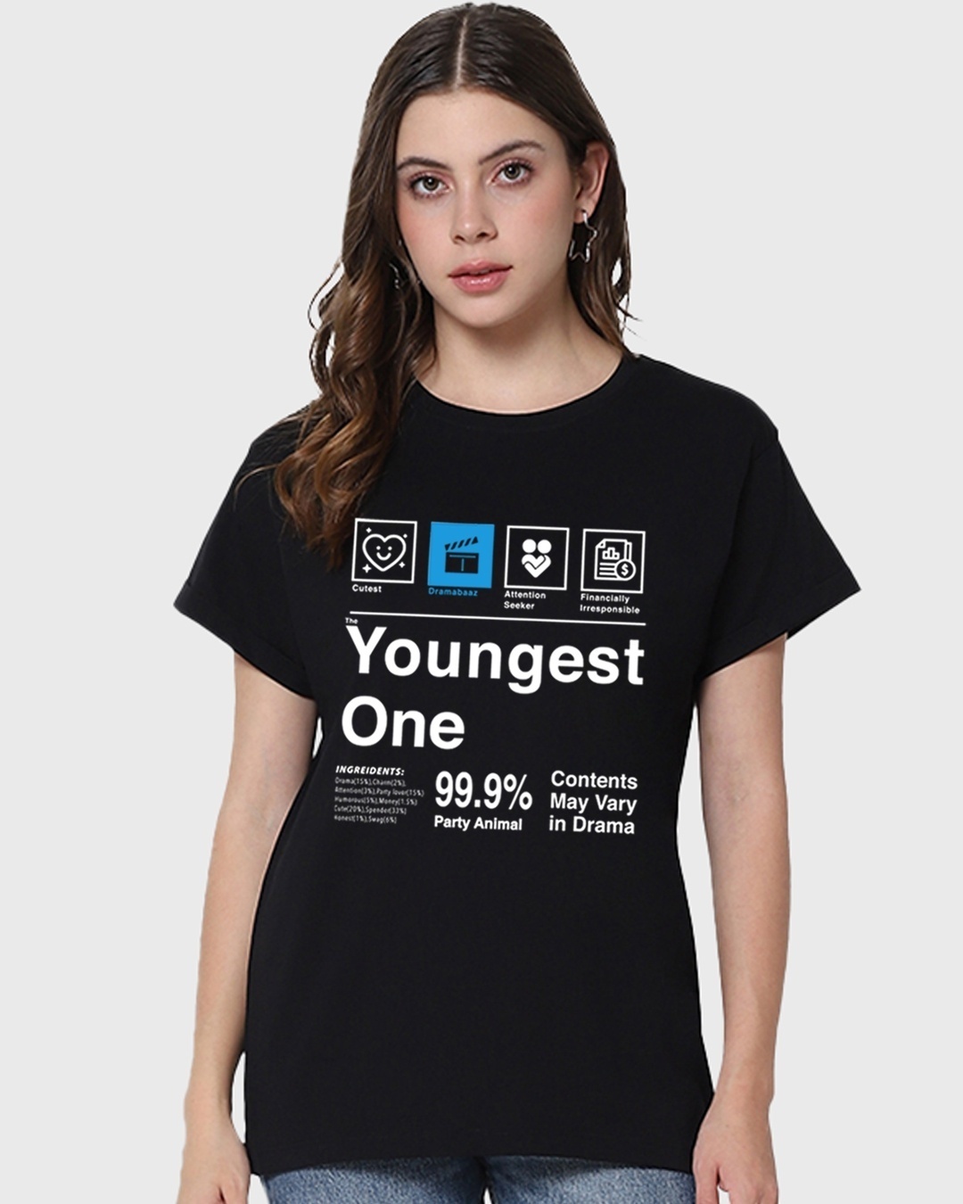 Shop Women's Black The Youngest One Typography Boyfriend T-shirt-Front