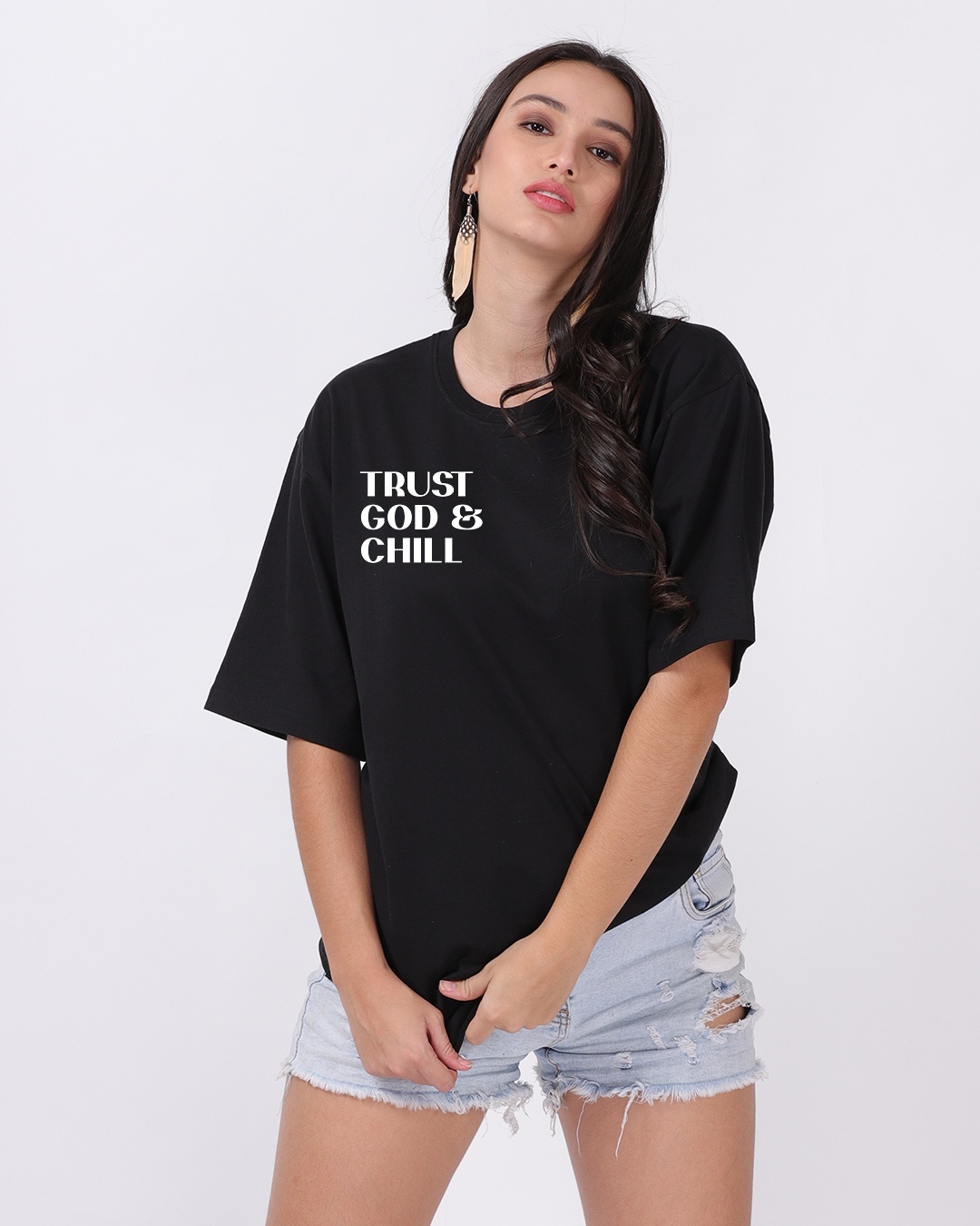 Shop Women's Black Trust God & Chill Typography Oversized T-shirt-Front
