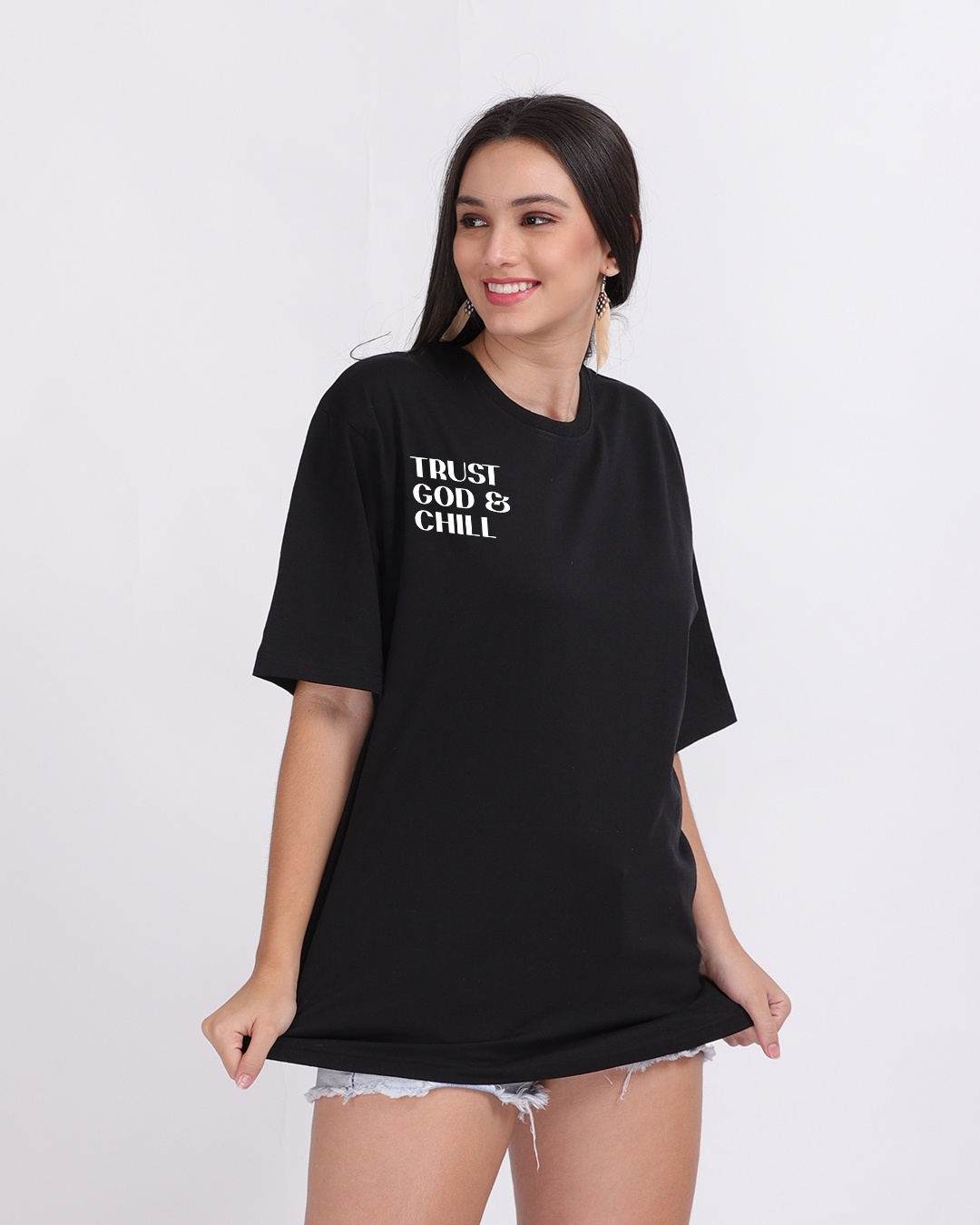 Shop Women's Black Trust God & Chill Typography Oversized T-shirt-Design