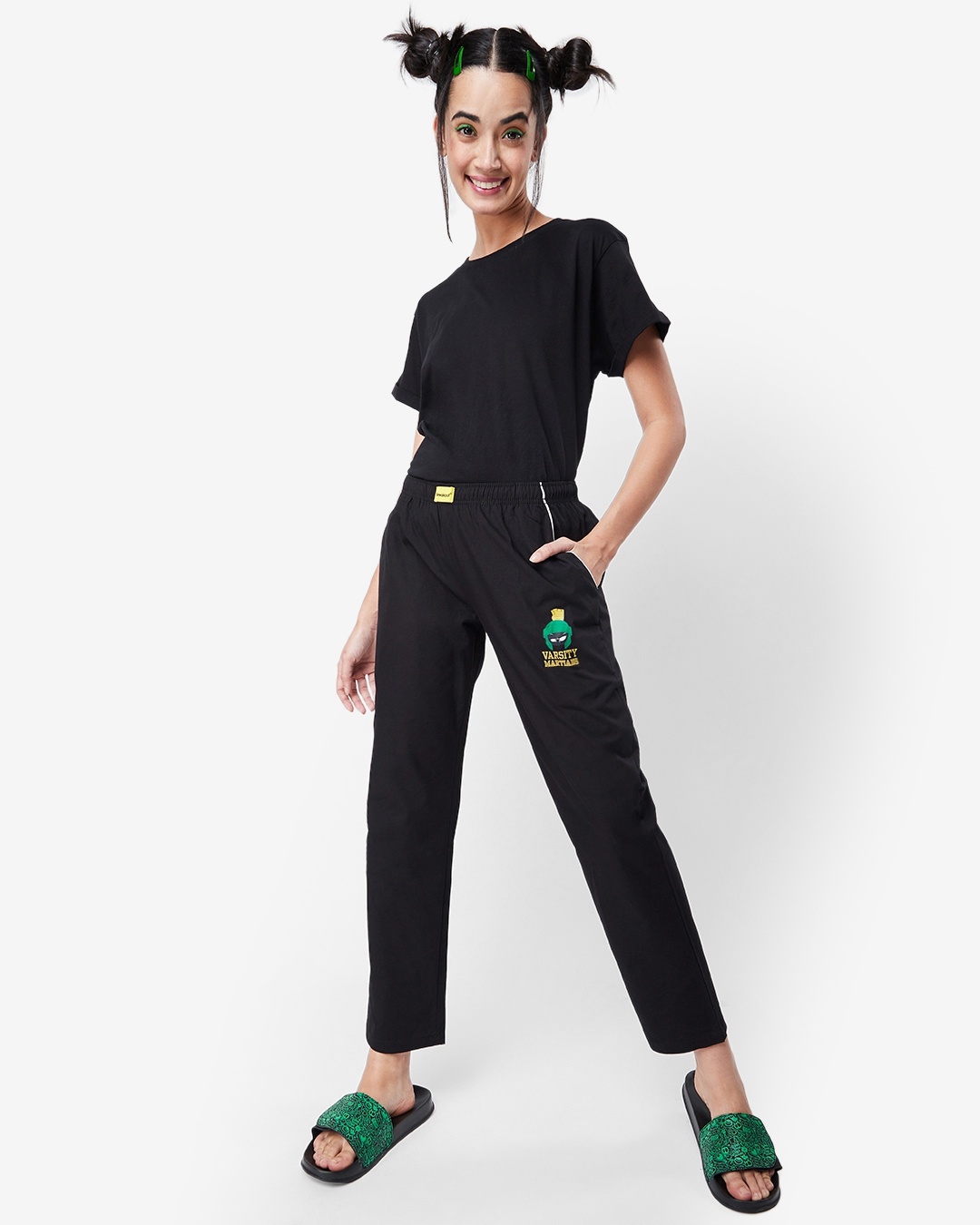 Shop Women's Black Varsity Martians Typography Pyjamas-Full