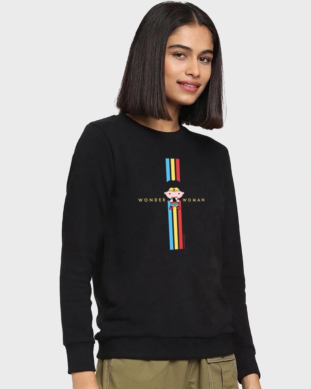 Shop Women's Black Wonder Woman Graphic Printed Relaxed Fit Sweatshirt-Front