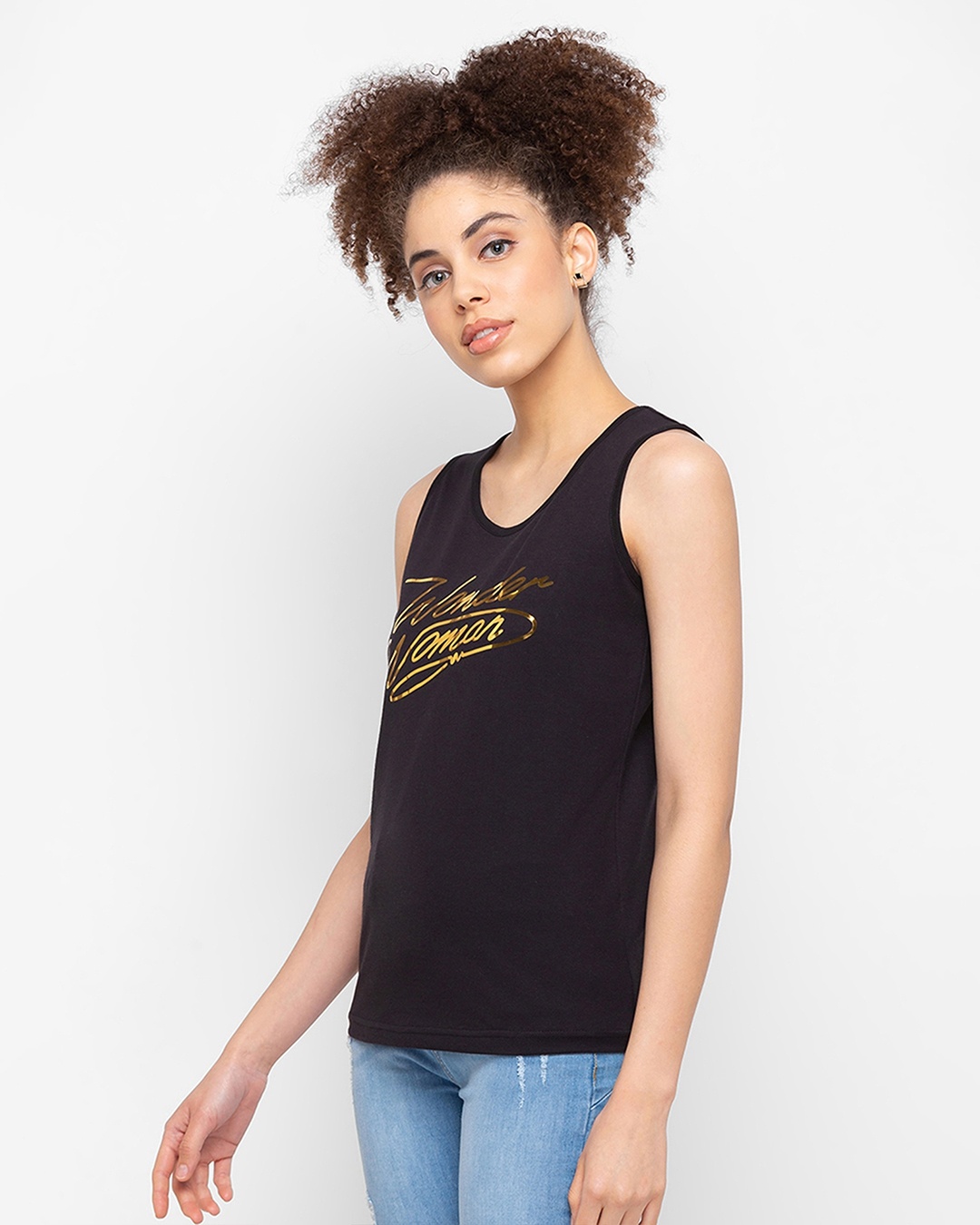 Shop Women's Black Wonder Women Gold Foil Printed Tank Top-Back