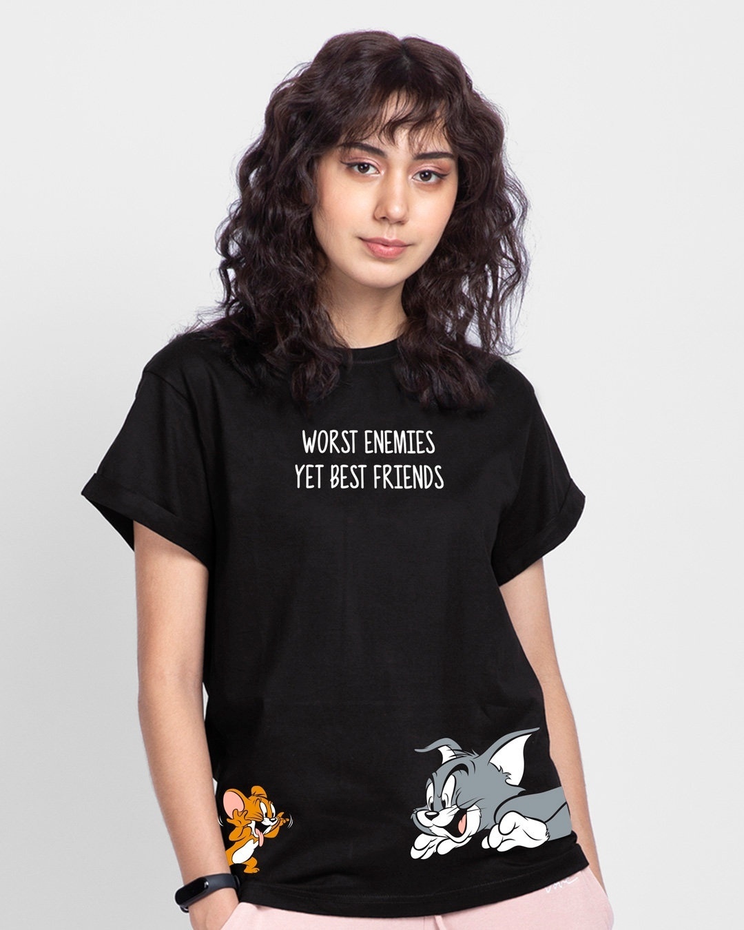 Shop Women's Black Worst Enemies Typography Boyfriend T-shirt-Front