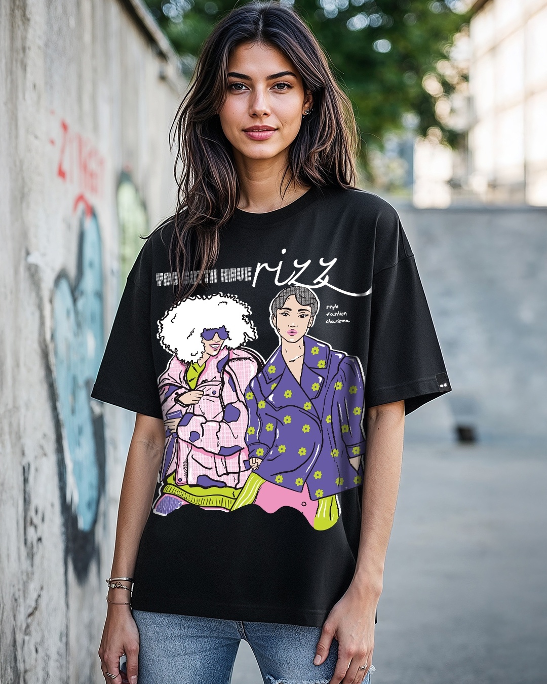 Women's Black You Got Rizz Graphic Printed Oversized T-shirt