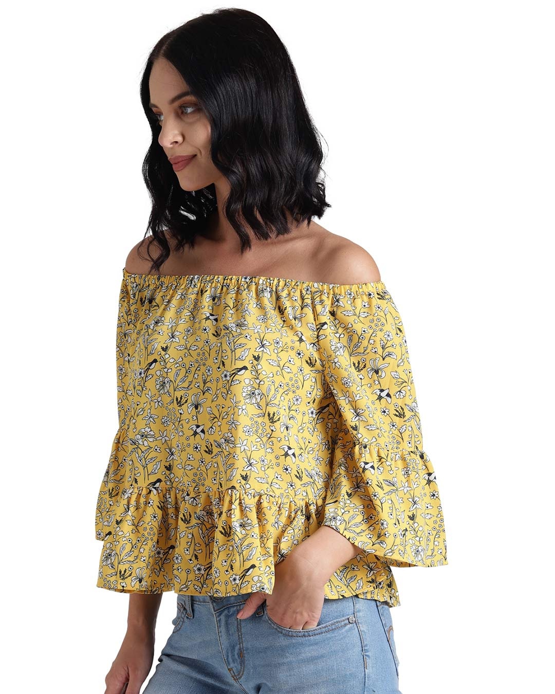 Shop Women's Blossom Printed Off Shoulder Yellow Top-Back