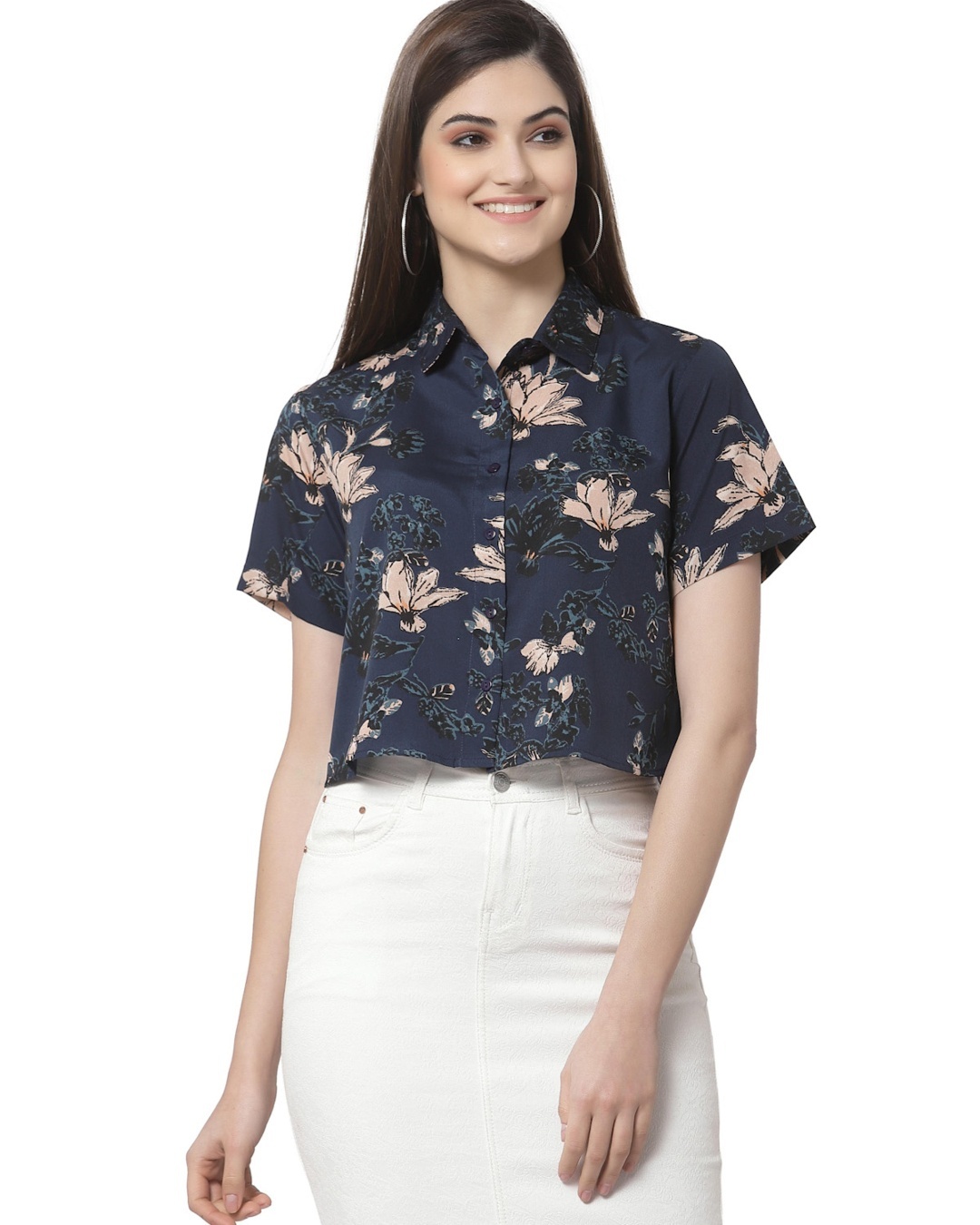 Shop Women's Blue All Over Floral Printed Crop Shirt-Front
