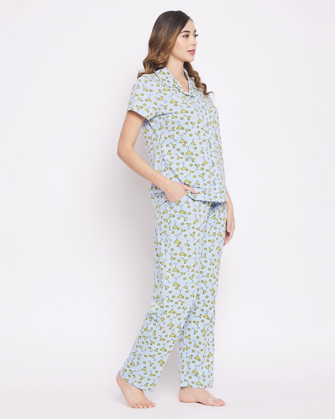 Shop Women's Blue All Over Printed Cotton Shirt & Pyjamas Set-Back