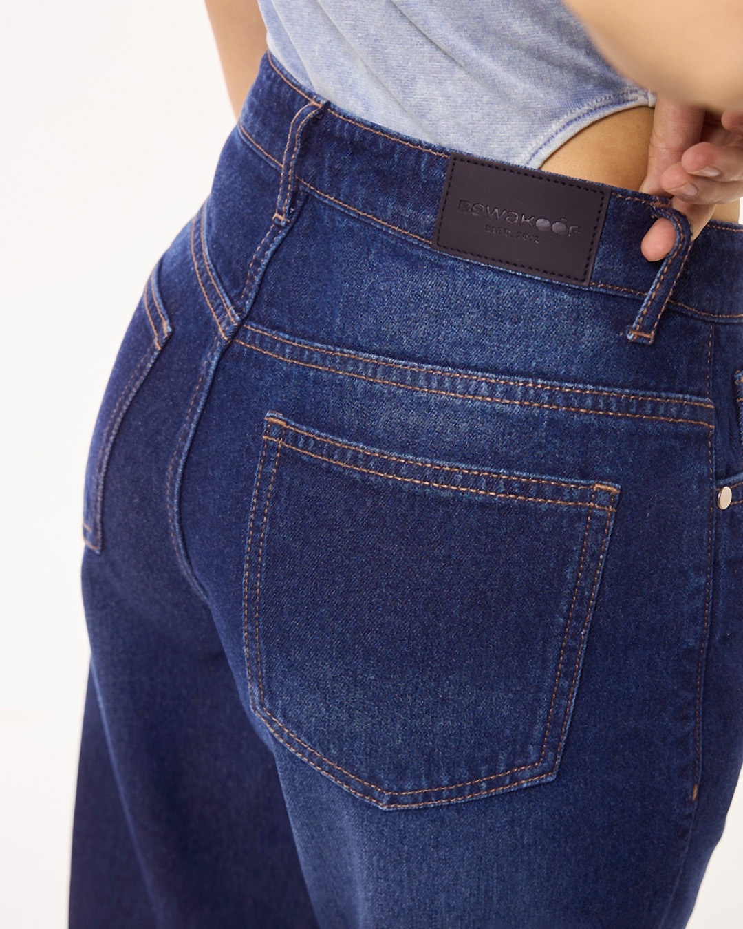 Wide Leg Denim Jeans, High Waist Button Fly, Baggy Pleated Style, Blue