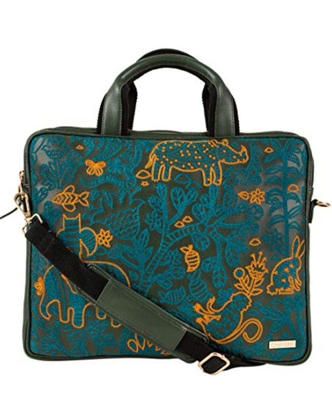 Shop Women's Blue Bohemian Jungle Embroidered Laptop Bag-Front