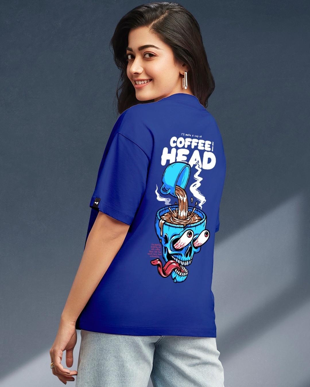 Women's Blue Coffee Head Graphic Printed Oversized T-shirt