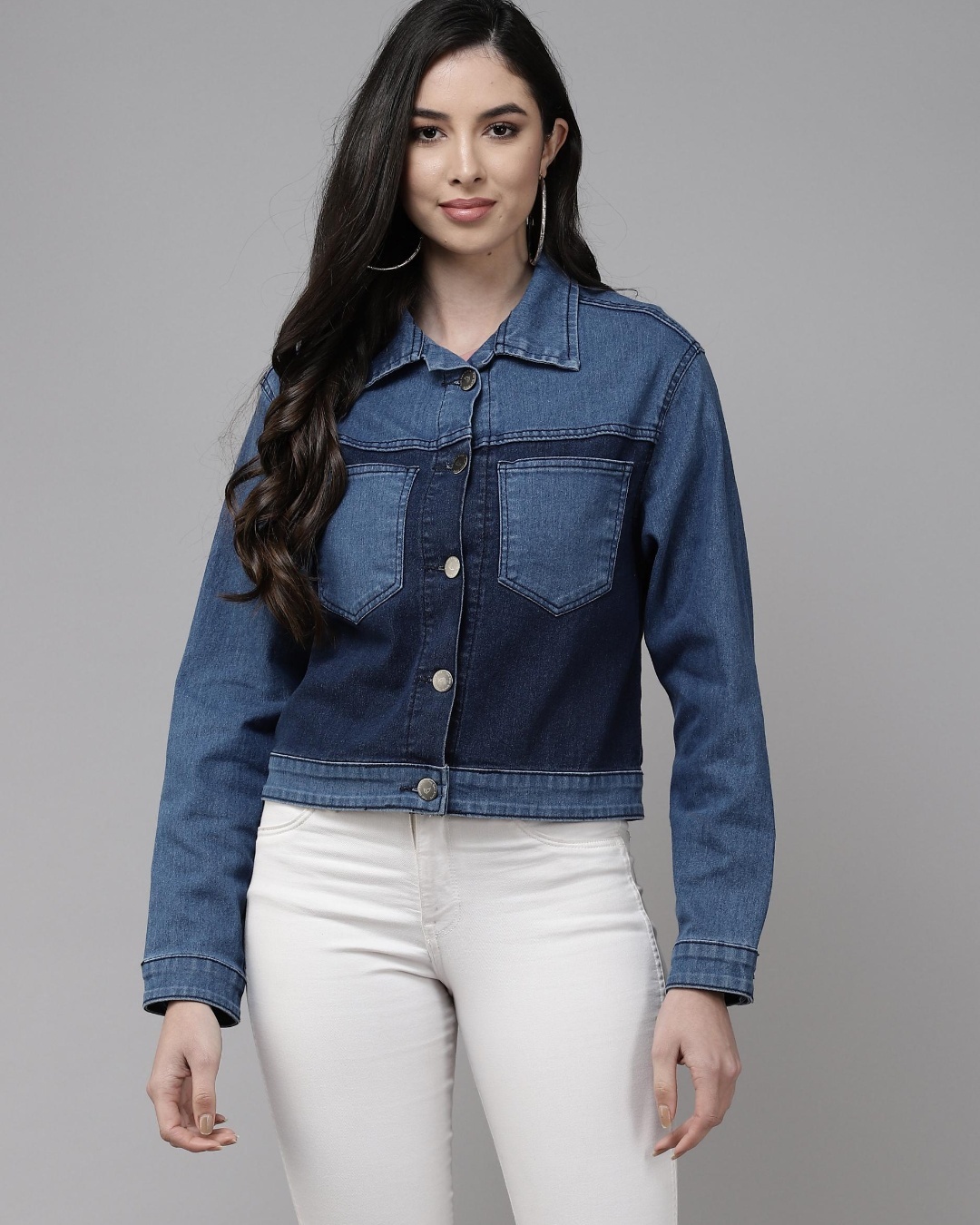 Shop Women's Blue Color Block Denim Jacket-Front