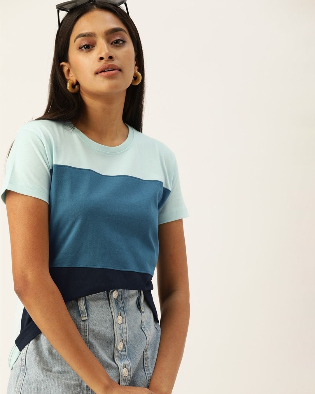Shop Women's Blue Colourblocked T-shirt-Front