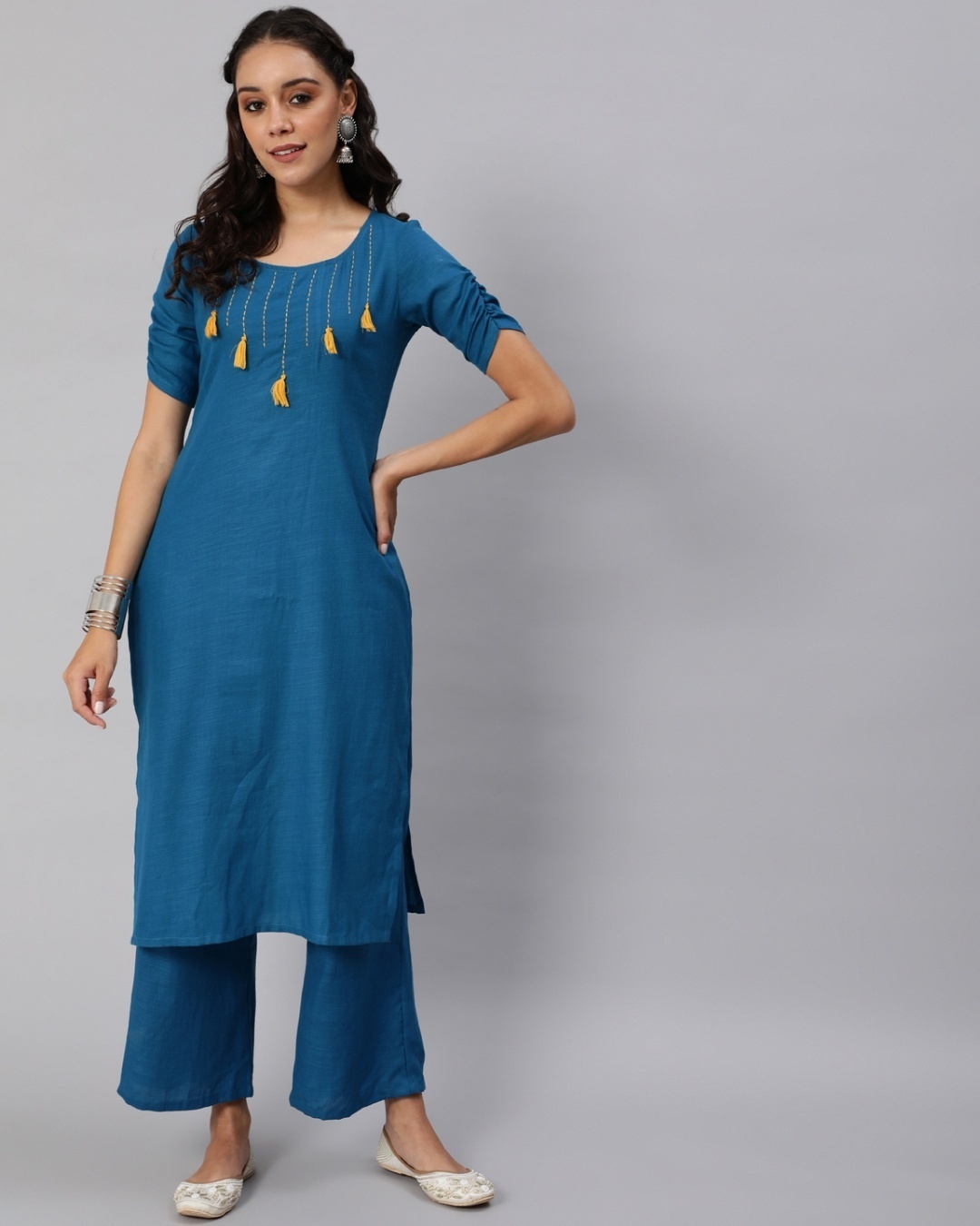 Shop Women's Blue Embroidered Kurta with Palazzo Set-Front