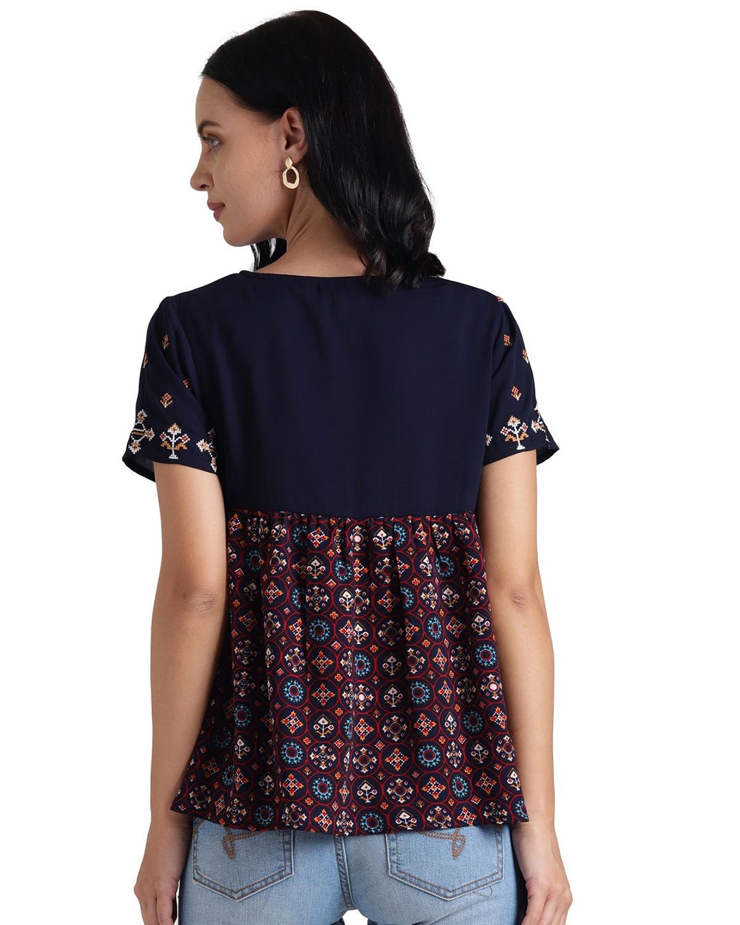 Shop Women's Blue Floral Print Half Sleeve Top-Design