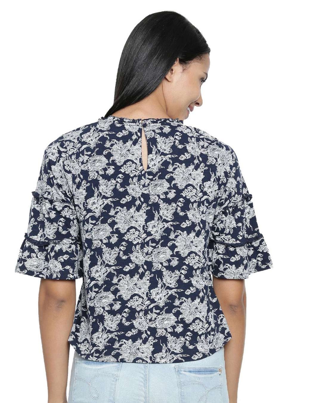 Shop Women's Blue Floral Print Half Sleeve Top-Full