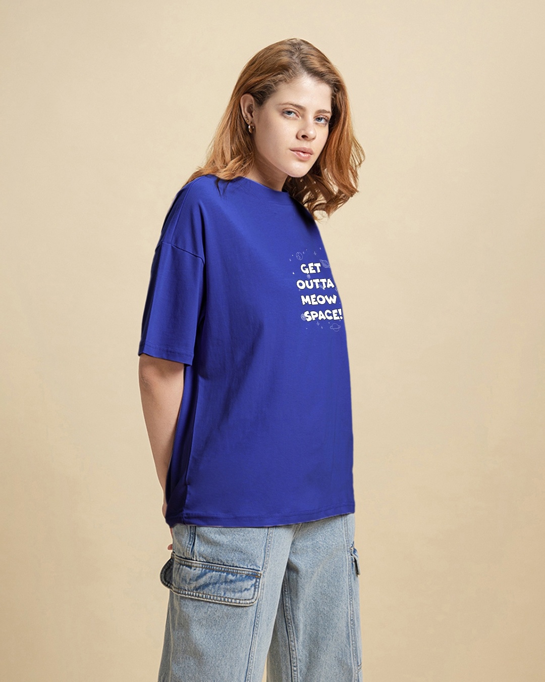 Buy Women's Blue Get Outta My Space Graphic Printed Oversized Tshirt