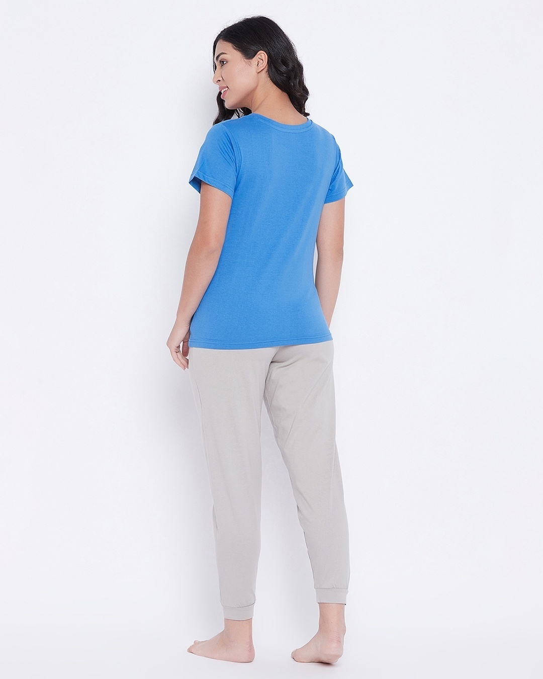 Shop Women's Blue & Grey Lazy Sloth Graphic Printed Cotton T-shirt & Joggers Set-Design