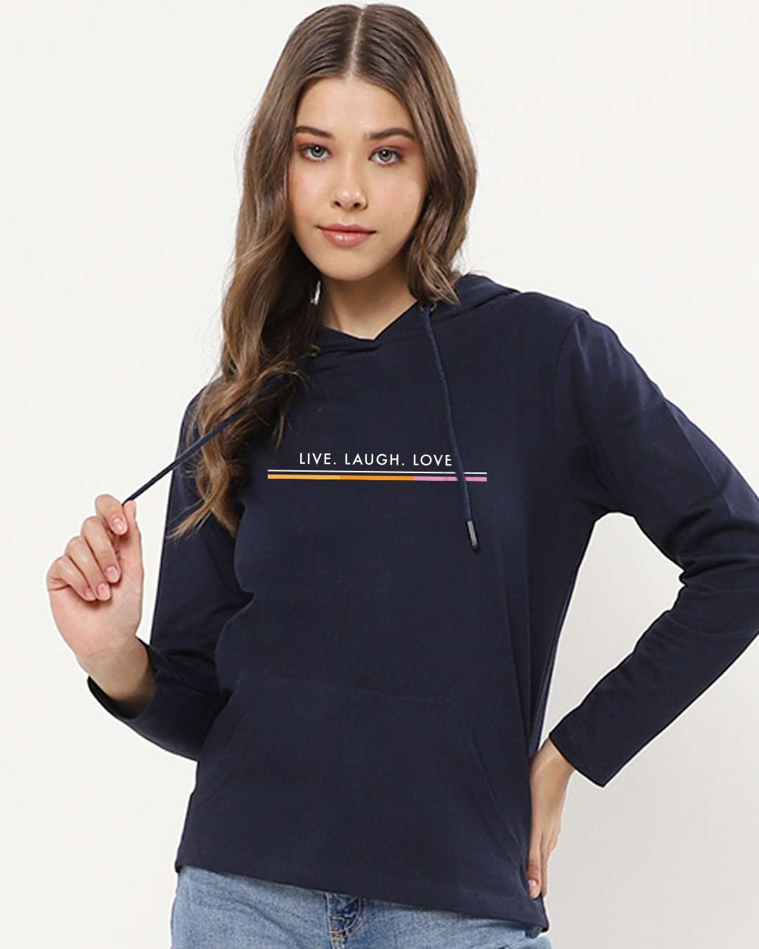 Shop Women's Blue Live Laugh Love Strip Typography Hoodie T-shirt-Front