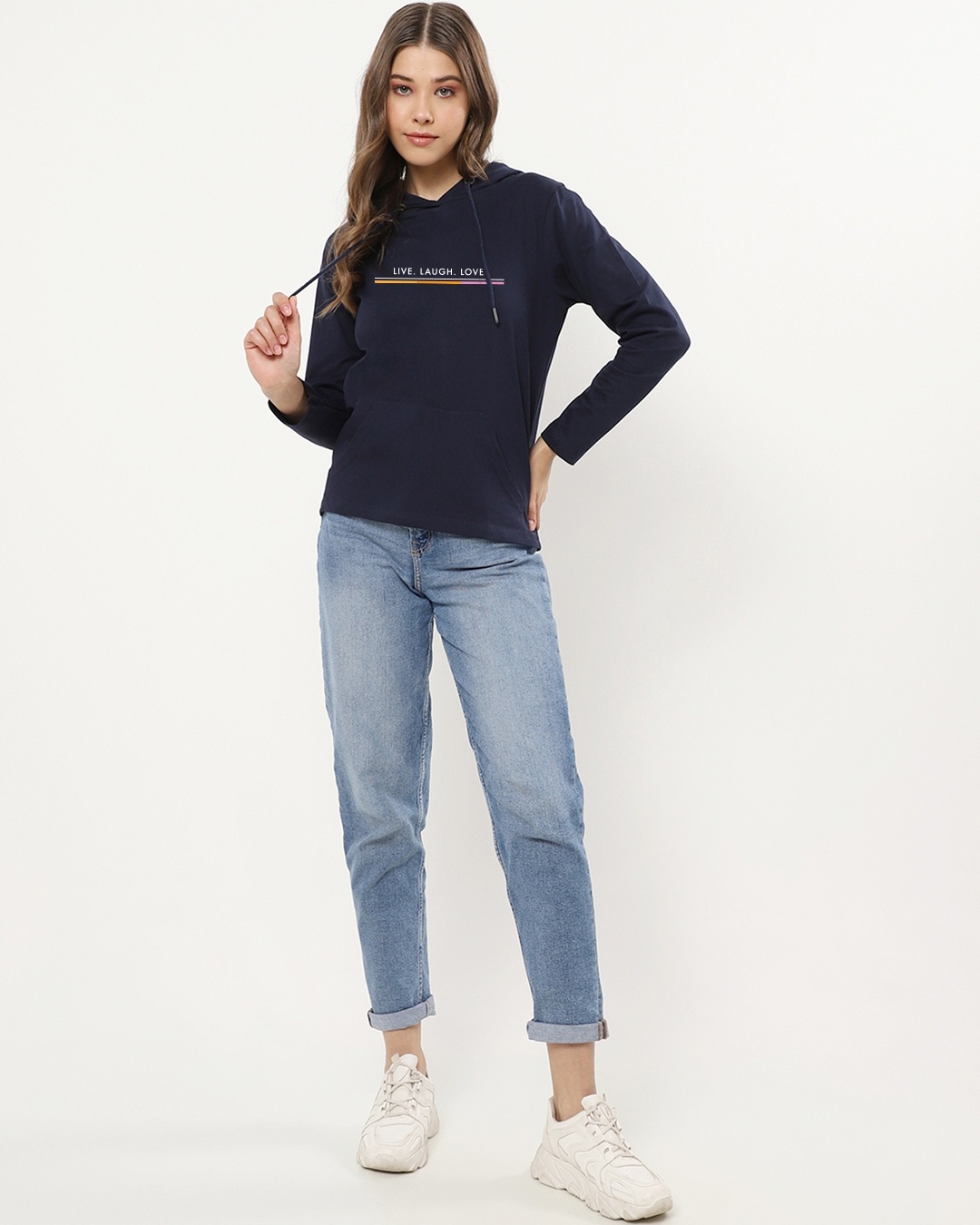 Shop Women's Blue Live Laugh Love Strip Typography Hoodie T-shirt-Design