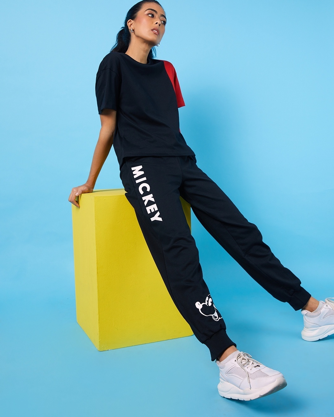 Shop Women's Blue Mickey Tonal(DL) Typography Joggers-Front