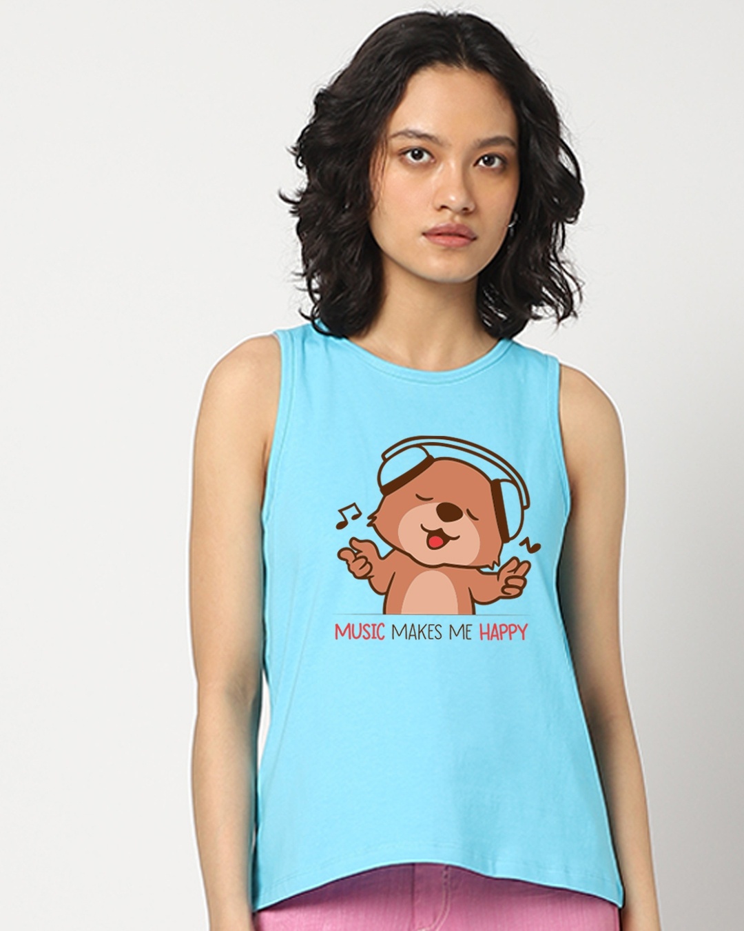 Shop Women's Blue Music Makes Me Happy Bear Graphic Printed Tank Top-Front