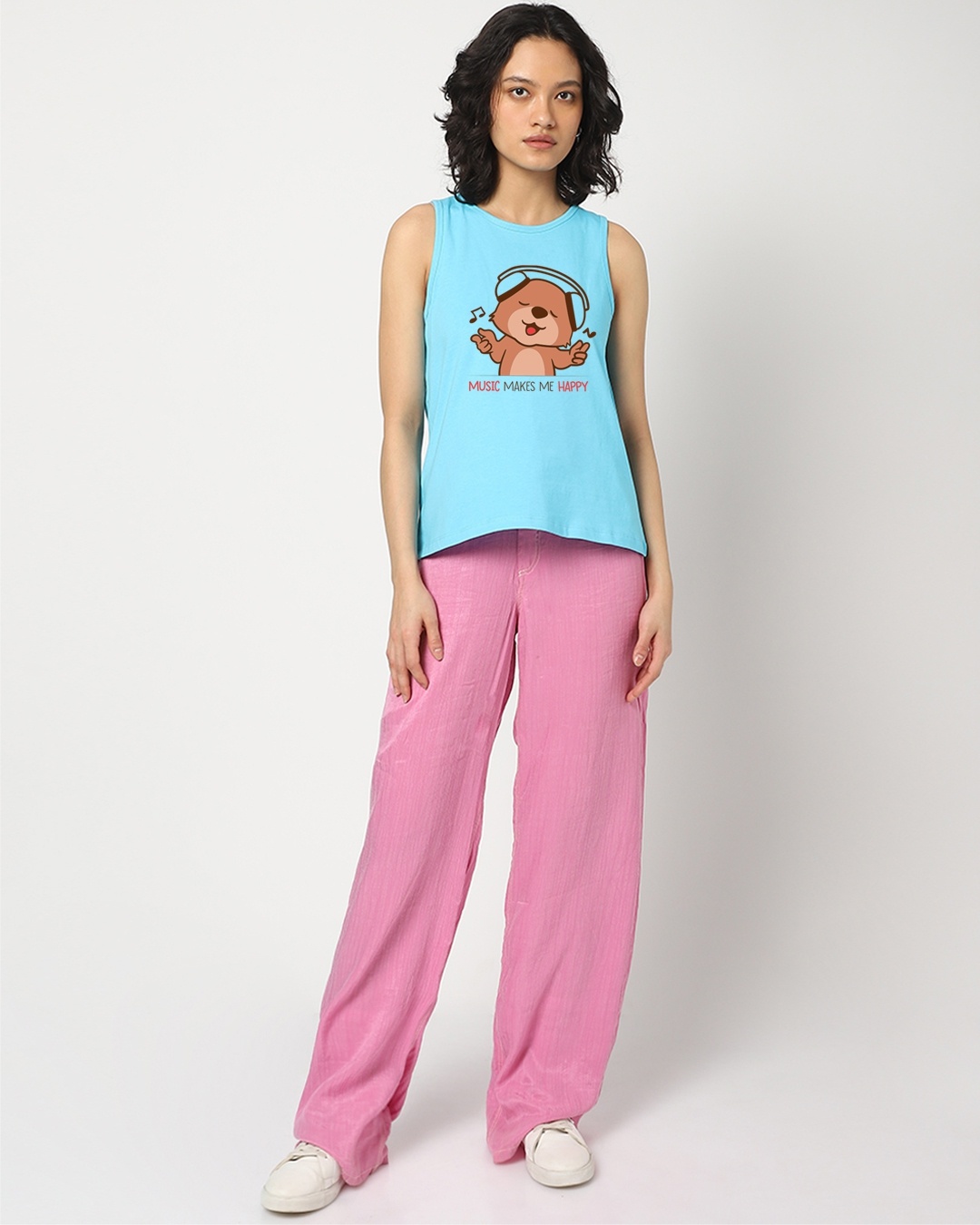 Shop Women's Blue Music Makes Me Happy Bear Graphic Printed Tank Top-Design