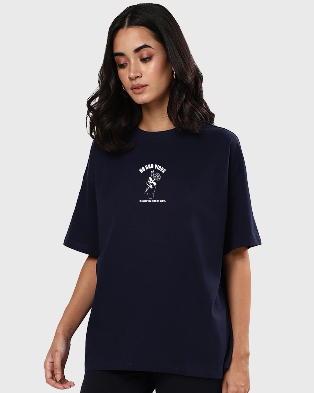 Shop Women's Blue No Bad Vibes Graphic Printed Oversized T-shirt-Back