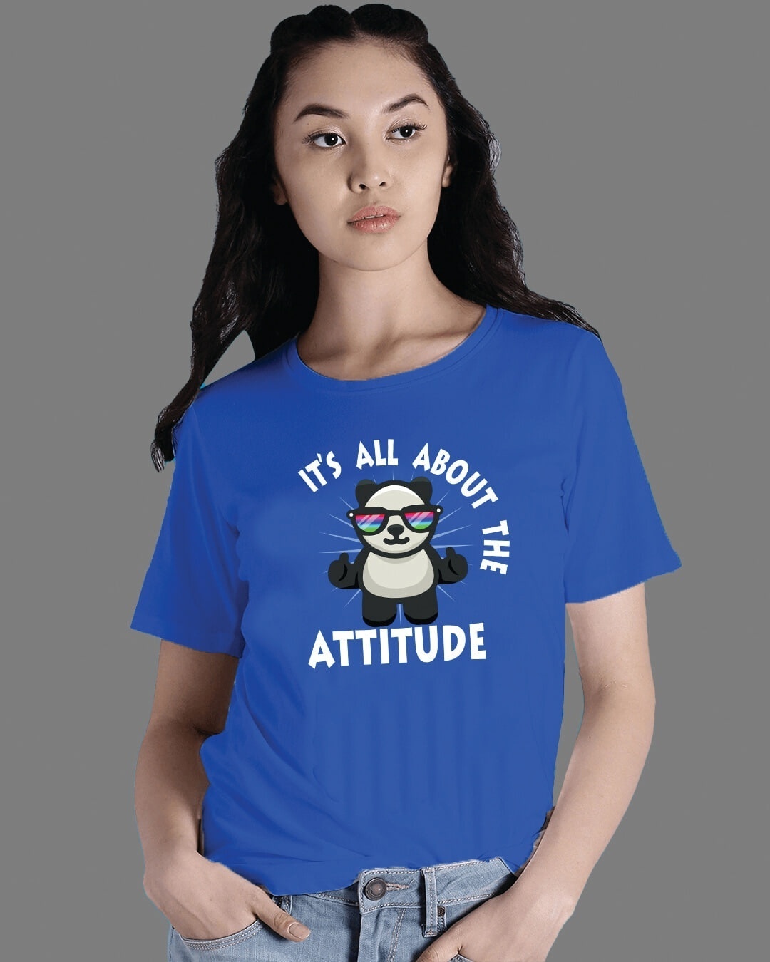 Shop Women's Blue Panda Attitude Premium Cotton T-shirt