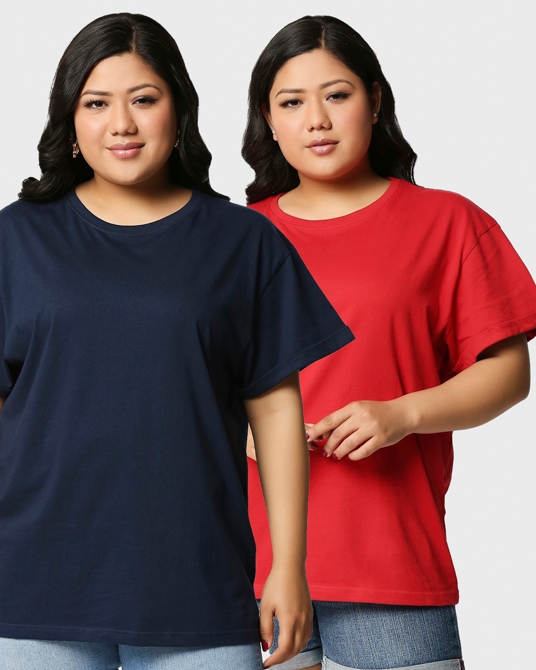 Shop Women's Blue & Red Plus Size Boyfriend T-shirt (Pack of 2)-Front