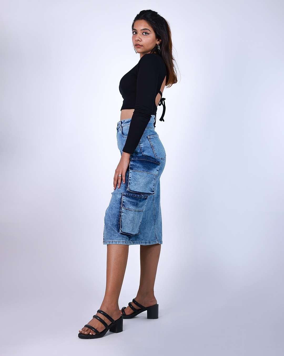Women's Blue Relaxed Fit Washed Cargo Skirts paired with denim jacket