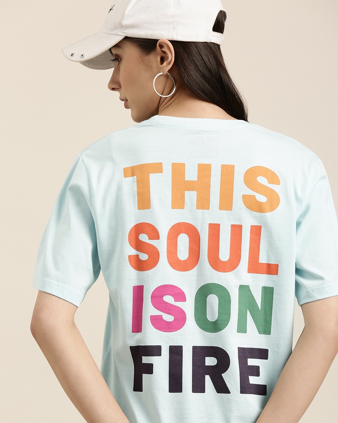 Shop Women's Blue This Soul Is On Fire Typography Oversized T-shirt-Front