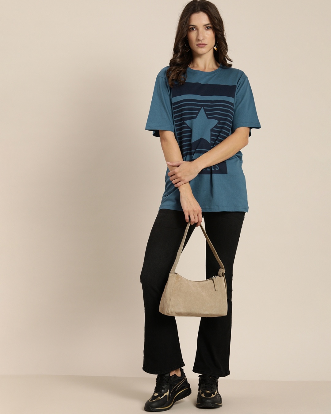 Shop Women's Blue Typography Oversized T-shirt