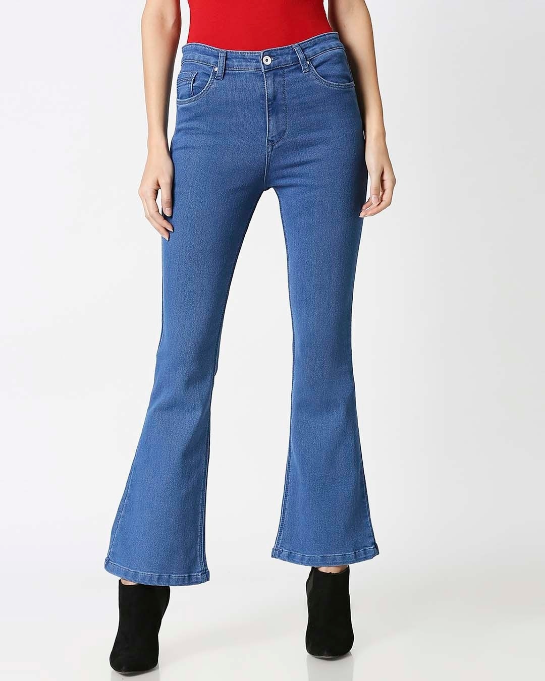 Shop Women's Blue Washed Boot Cut Fit High Waist Jeans-Front