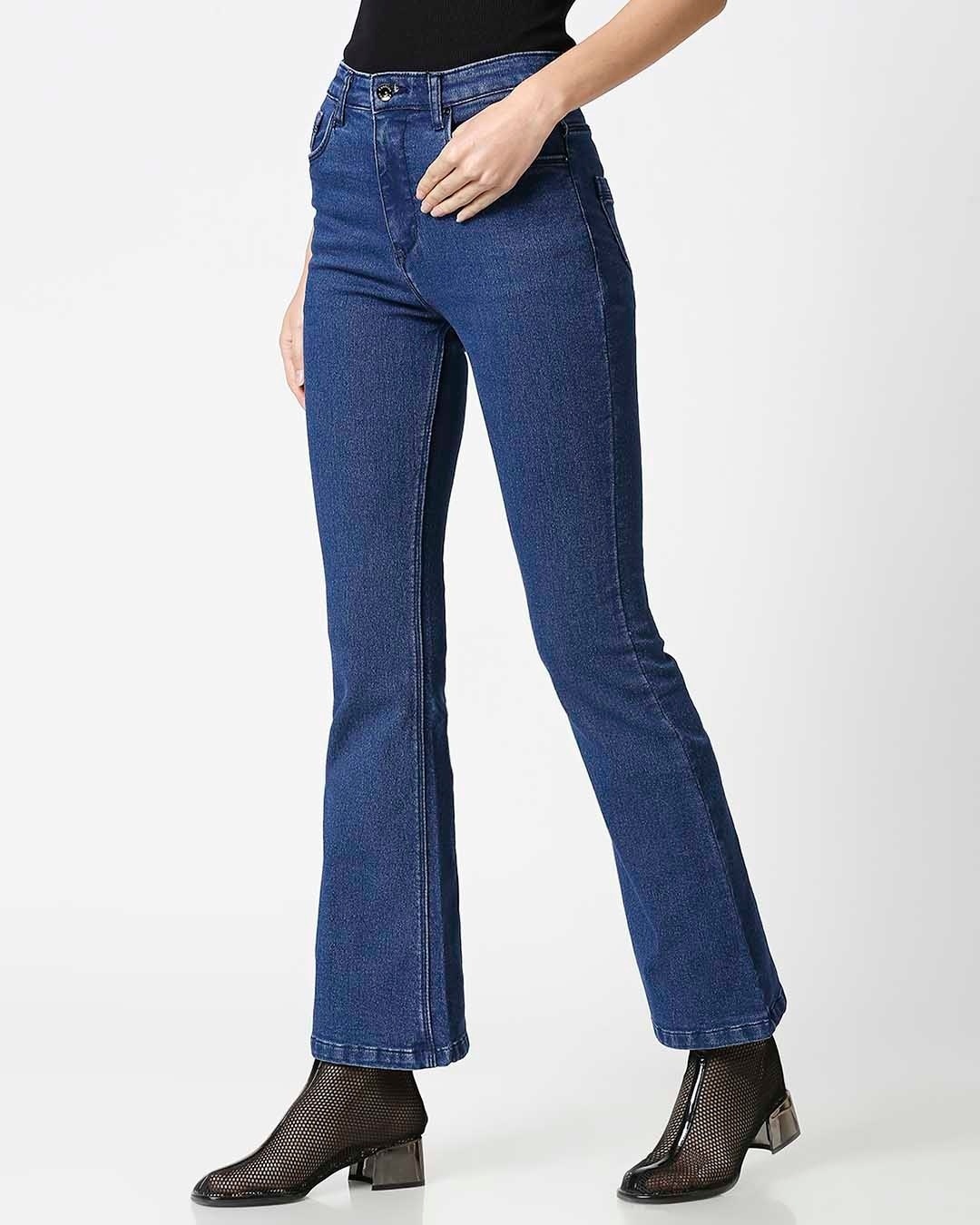 Shop Women's Blue Washed Boot Cut Fit High Waist Jeans-Back