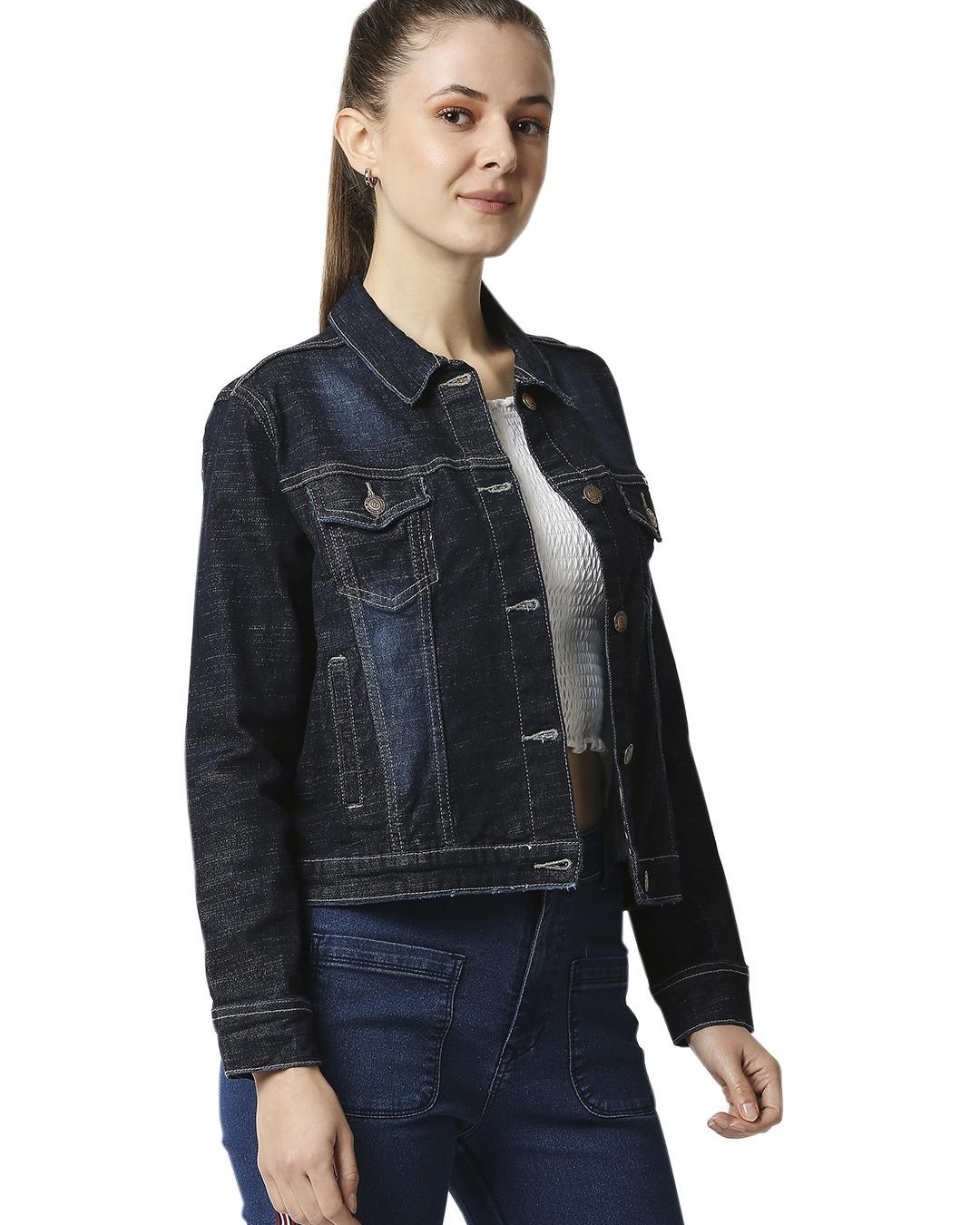 Shop Women's Blue Washed Denim Jacket-Design