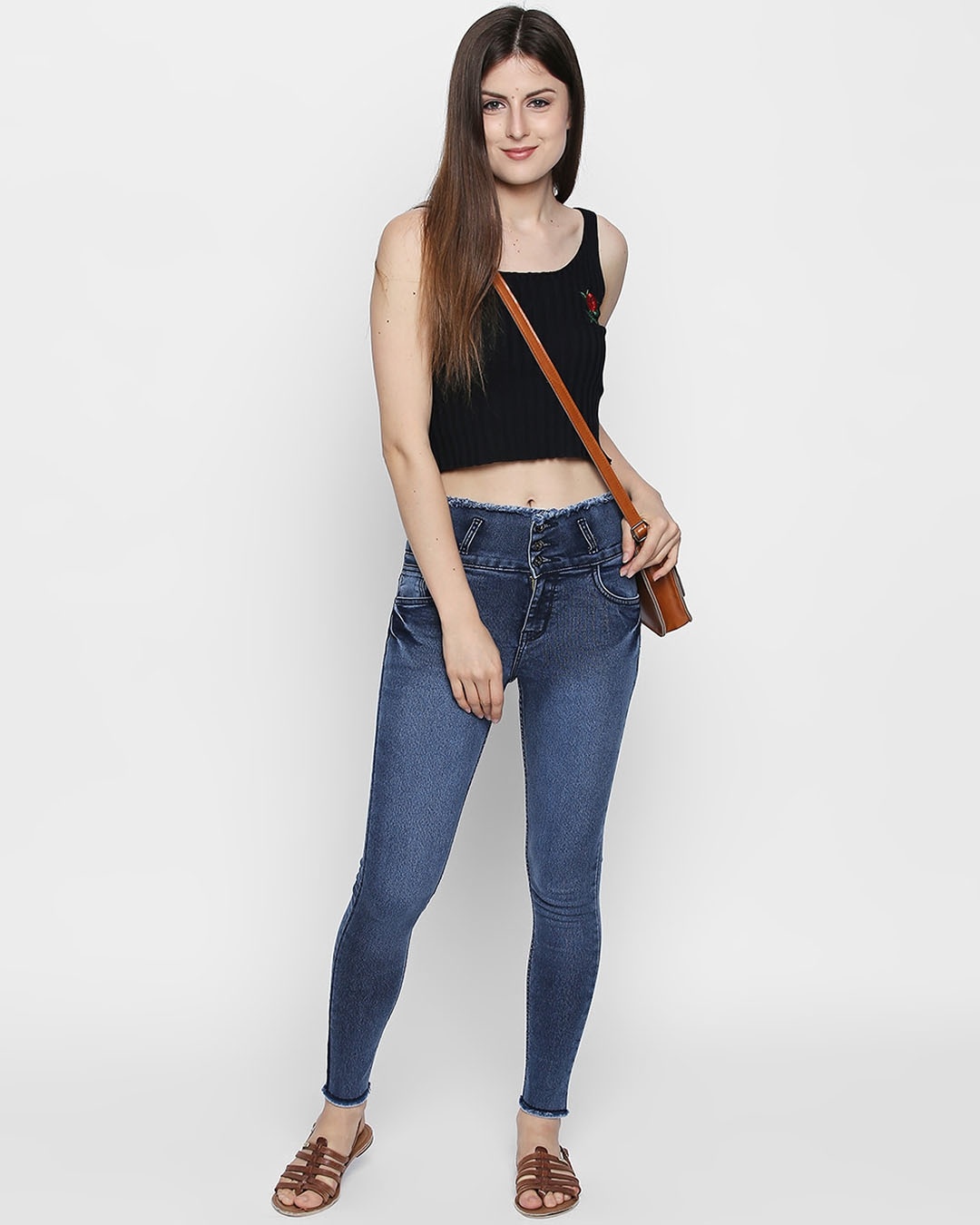 Shop Women's Blue Washed Slim Fit High Waist Jeans-Full