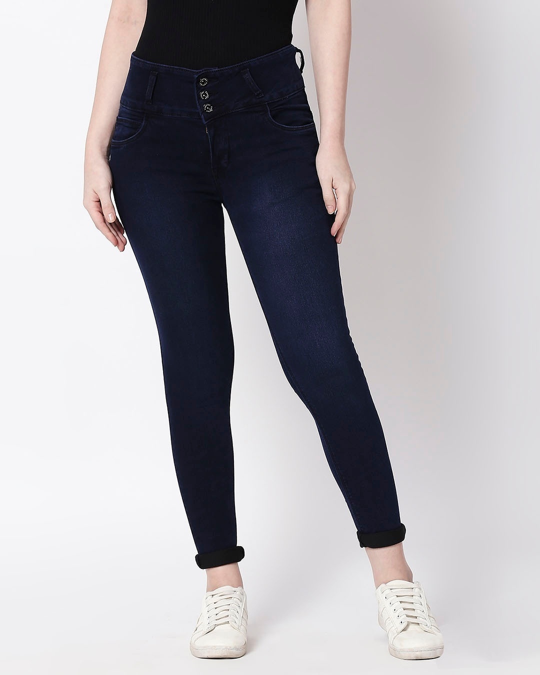 Shop Women's Blue Washed Slim Fit High Waist Jeans-Front